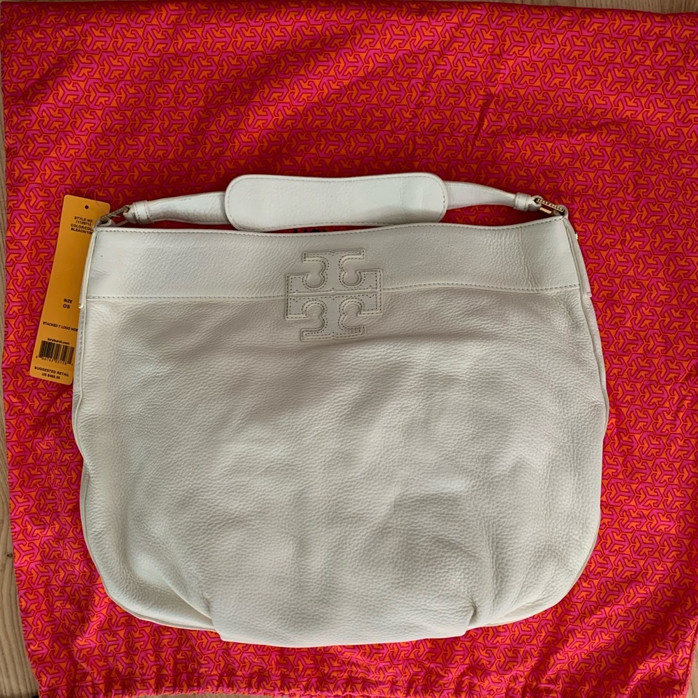 NEW Tory Burch Stacked T Logo Hobo Tote Bag